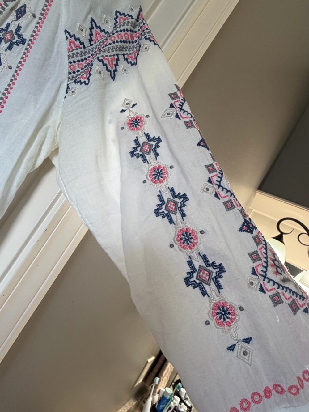 Johnny Was White Tunic with Pink and Navy Embroidery Accents - Picture 3 of 5